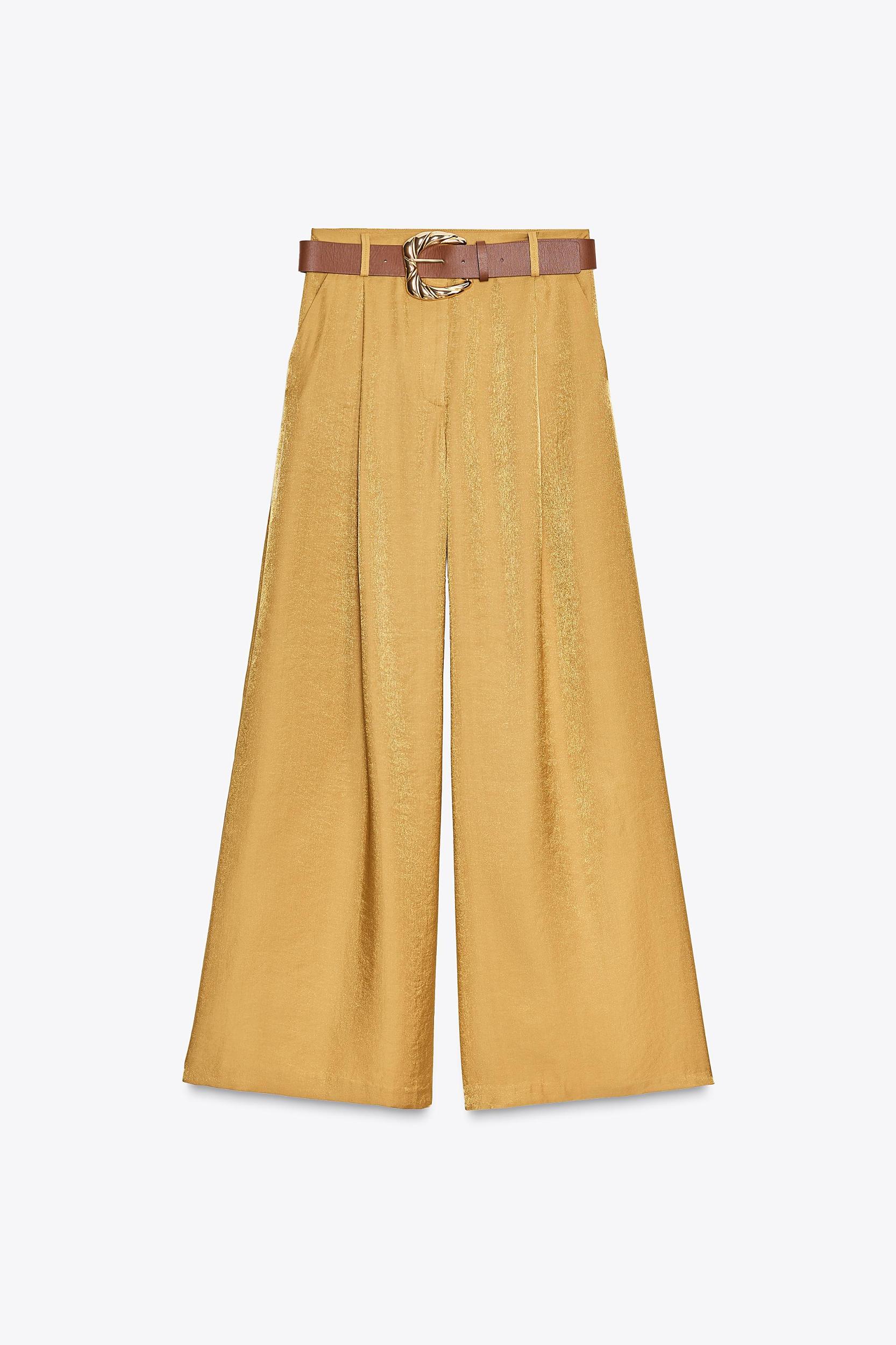 SATIN WIDE LEG BELTED PANTS Product Image