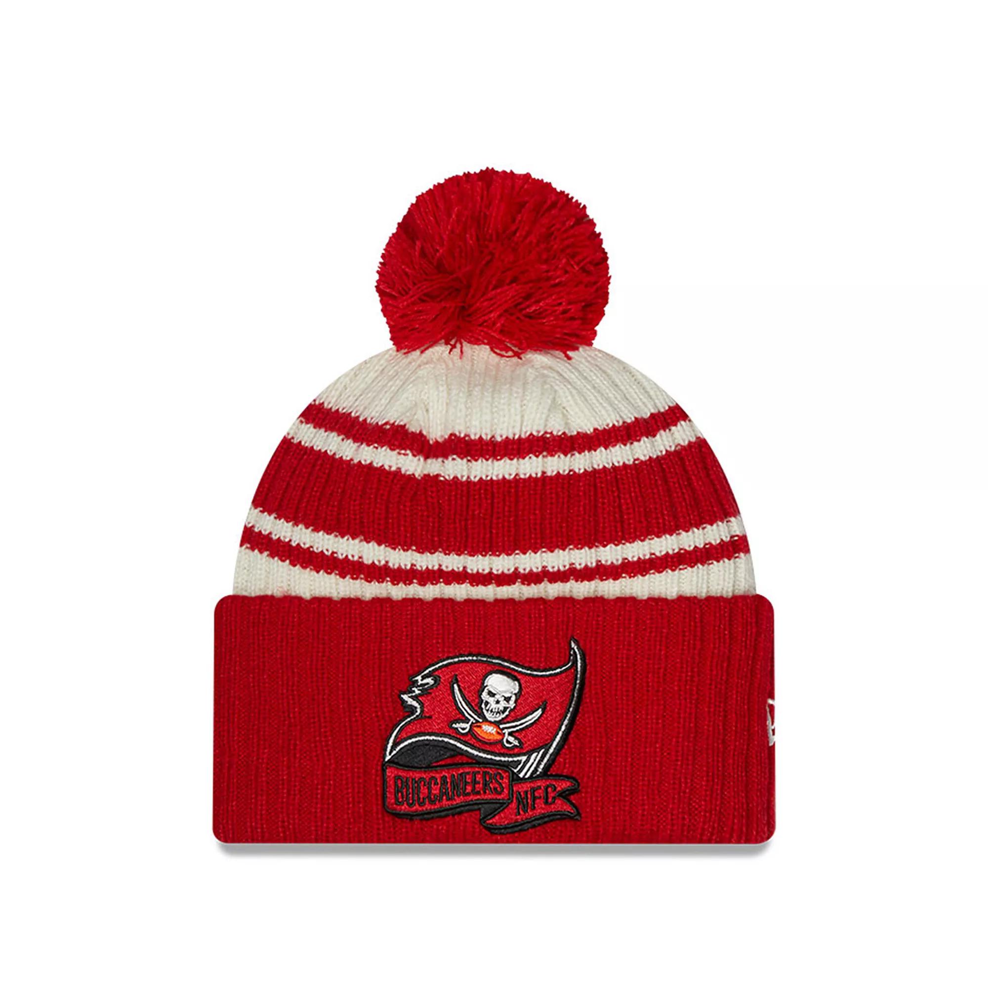 Men's New Era Cream/Red Tampa Bay Buccaneers 2022 Sideline Sport Cuffed Pom Knit Hat, Beige Product Image