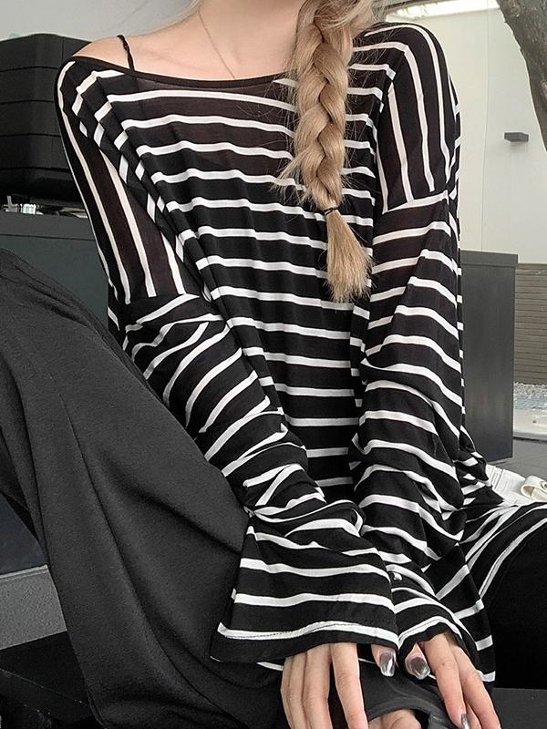 Stripe Backless Lace Up Smock Oversized Long Sleeve Tee Product Image