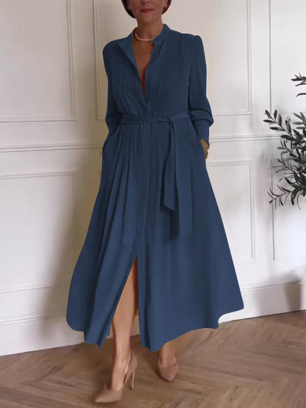 A-Line Long Sleeves Buttoned Pleated Pockets Solid Color Tied Waist V-Neck Maxi Dresses Product Image