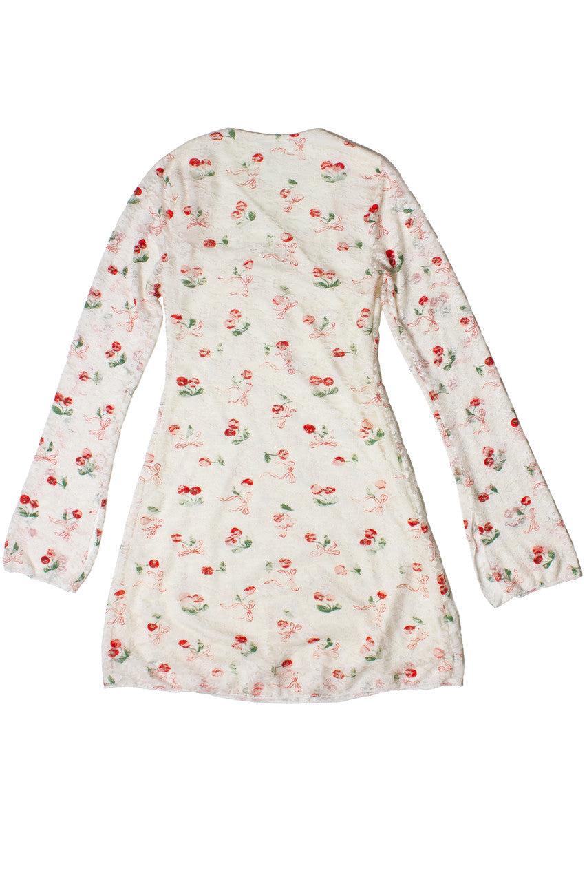 Lace Cherry Bow Long Sleeve Mini Dress Product Image