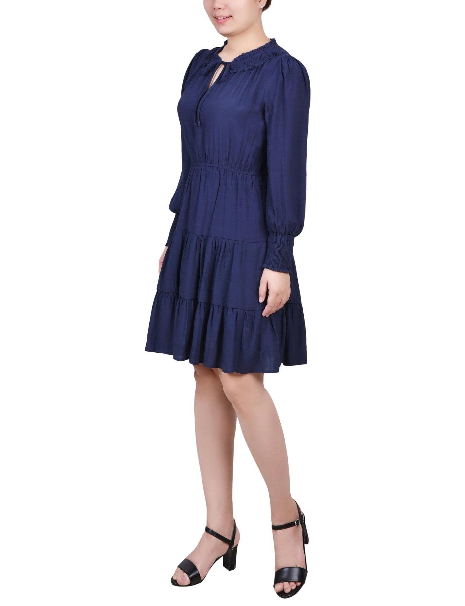 Navy Long Sleeve Tiered Dress With Ruffled Neck - Petite Product Image
