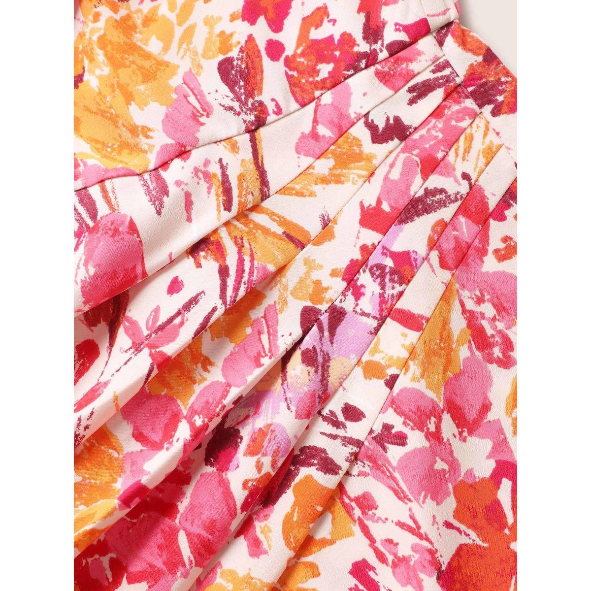 Plus Size Asymmetrical Neck Watercolor Floral Pleated Dress Blush Women Elegant Pleated Asymmetrical Neck Sleeveless Curvy BloomChic 12/L Product Image