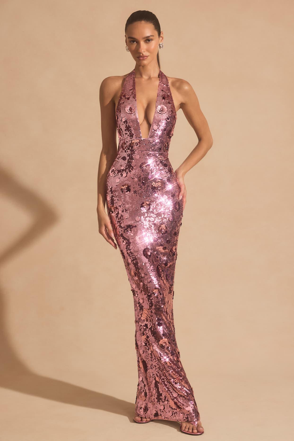 Sequin-Embellished Halterneck Maxi Dress in Pink Product Image