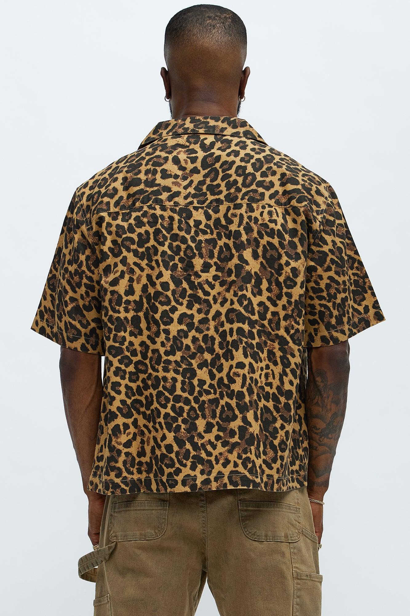 Cuban Collar Cheetah Print Button UpShirt - Tan/Multi Product Image