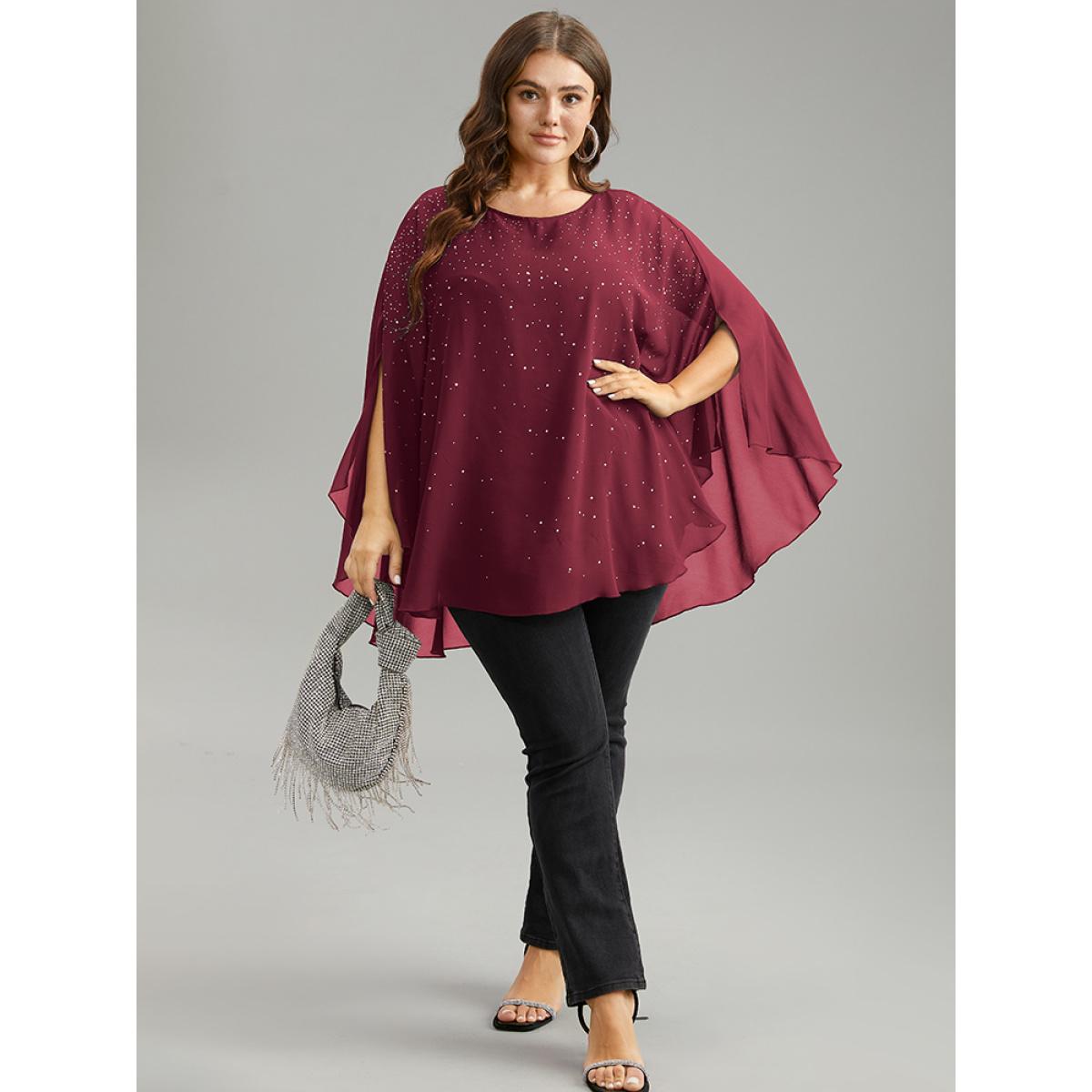 Plus Size Scarlet Chiffon Rhinestone Split Dolman Sleeve Blouse Women Cocktail Elbow-length sleeve Round Neck Party Blouses BloomChic 22-24/3X Product Image