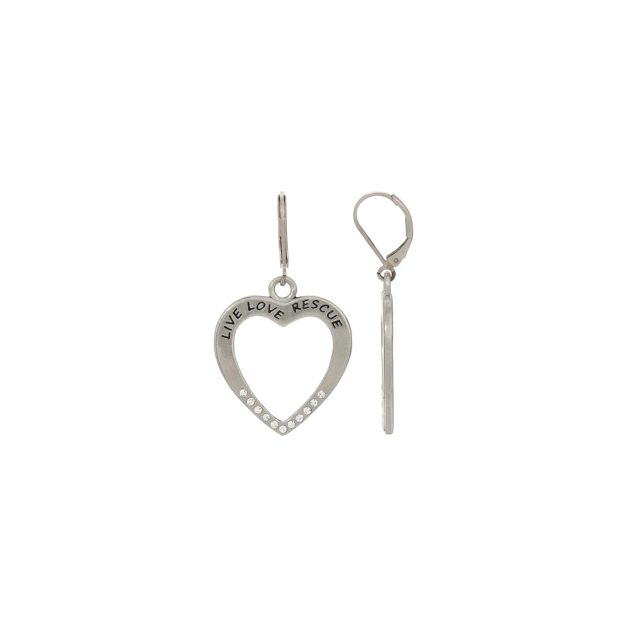 1928 Silver Tone Crystal Live Love Rescue Heart Drop Earrings, Womens, Gray Product Image