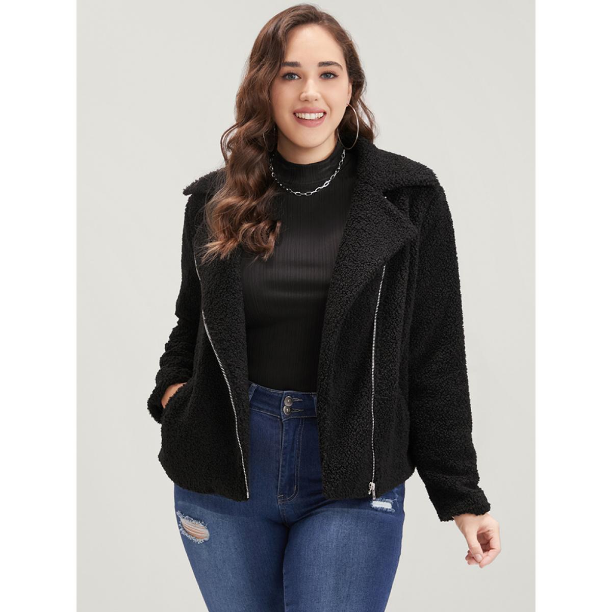Plus Size Solid Zipper Pocket Suit Collar Teddy Coat Women Black Elegant Zipper Ladies Dailywear Winter Coats BloomChic 30/6X Product Image