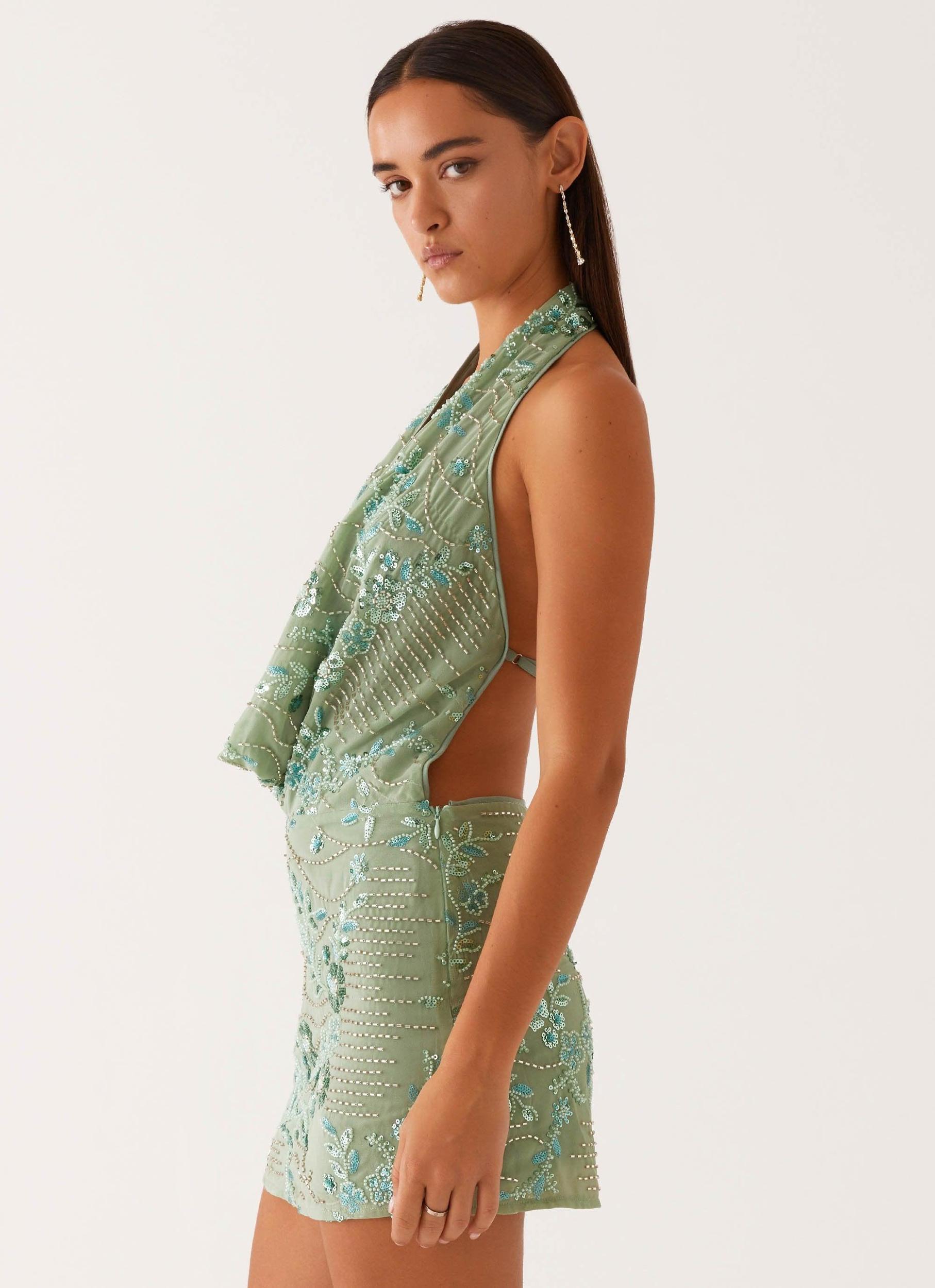 Olisa Cowl Neck Beaded Mini Dress - Mint Product Image