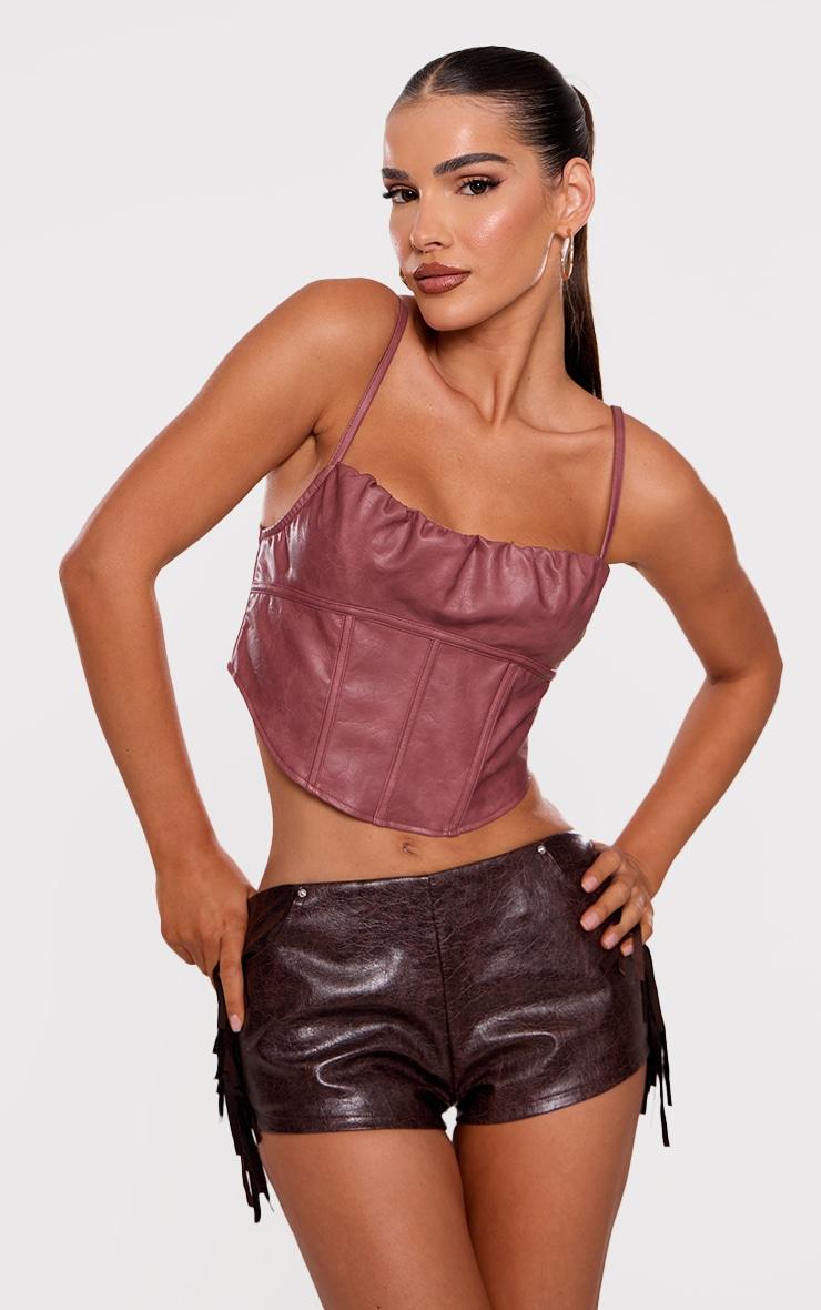 Mauve Faux Leather Ruched Bust Boned Dip Hem Corset Product Image