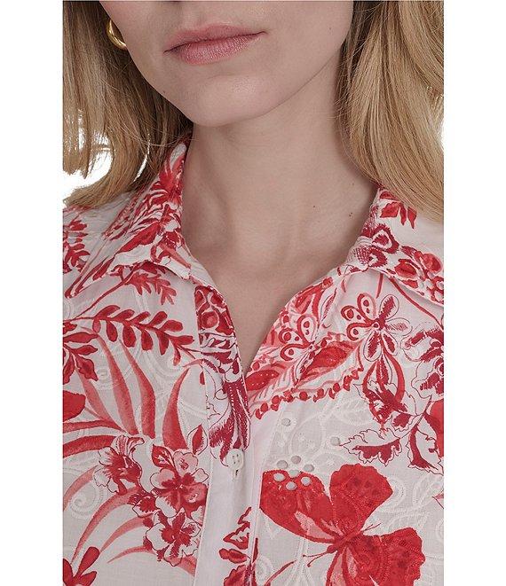 Eliza J Eyelet Floral Print Point Collar Neck Short Sleeve Button Front Shirt Dress Product Image