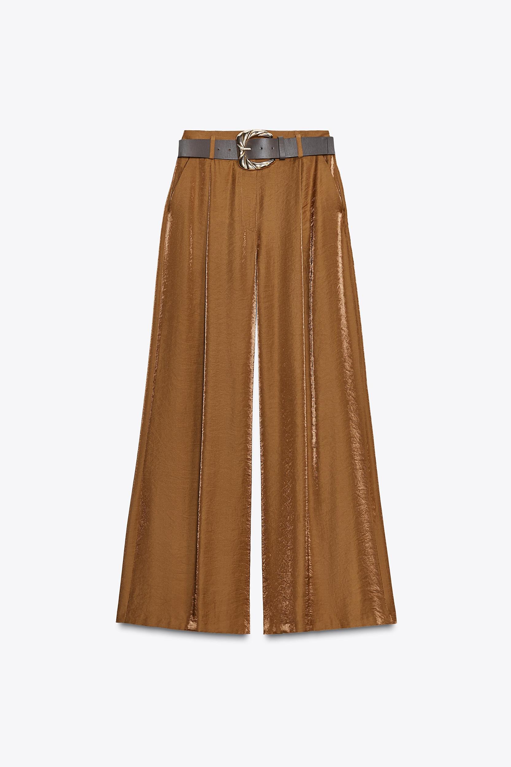 SATIN WIDE LEG BELTED PANTS Product Image
