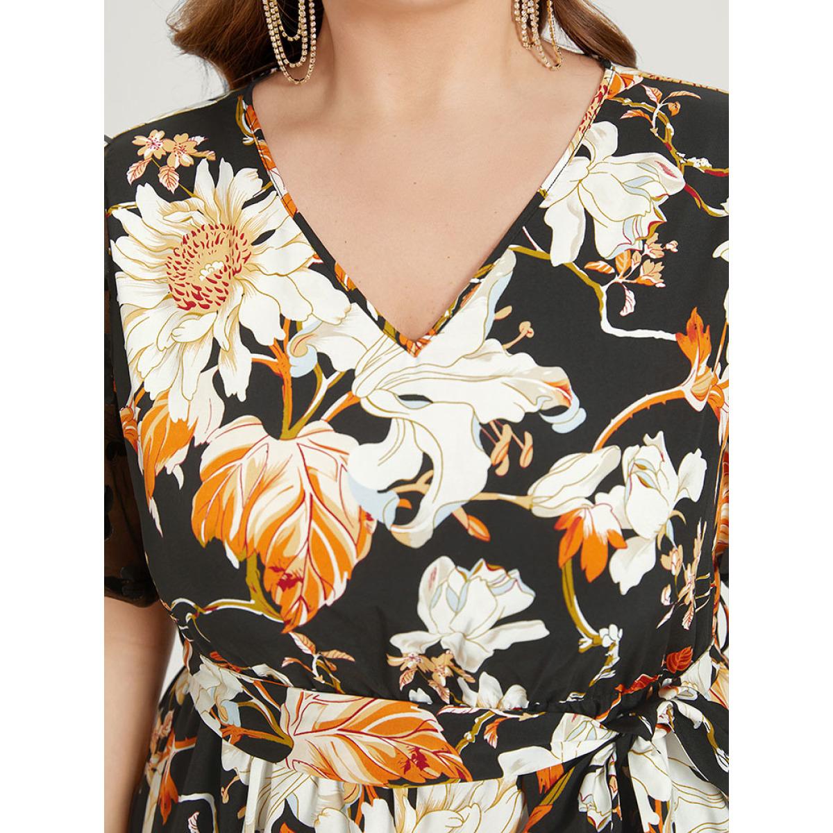 Plus Size Floral Print Mesh Pocket Belted Patchwork Dress Black Women Glamour Belted V-neck Short sleeve Curvy Knee Dress BloomChic 28/5X Product Image