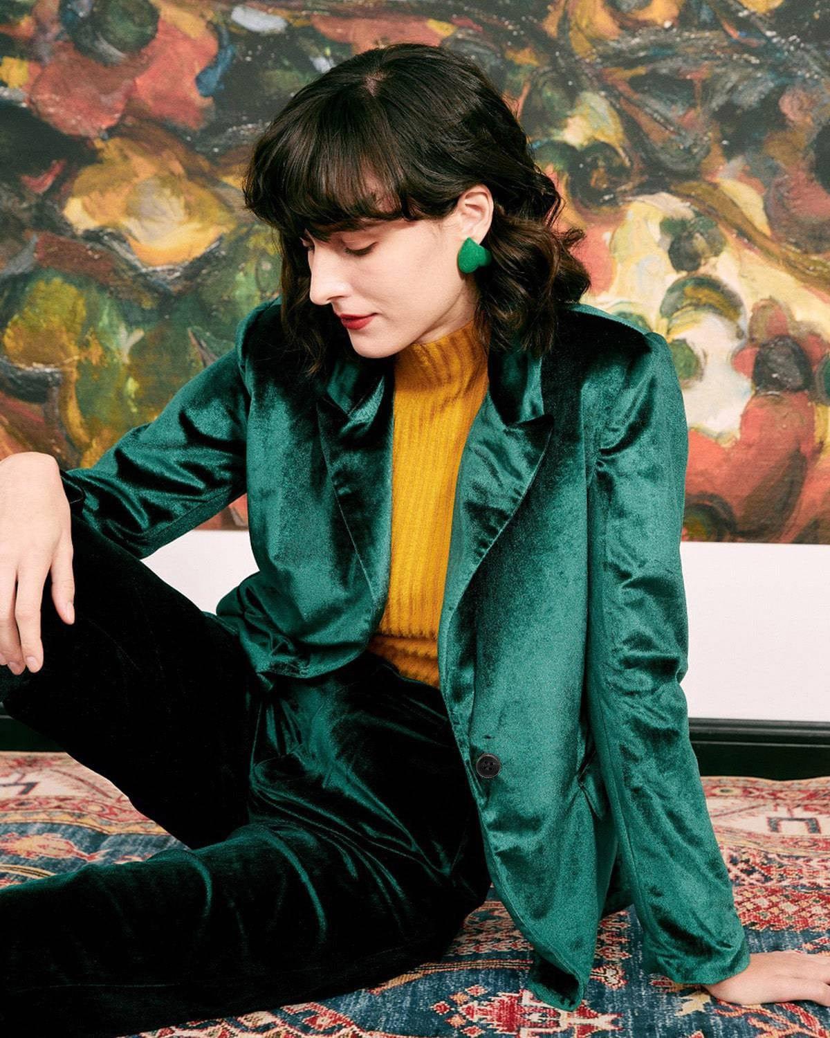 The Casual One Button Green Velvet Blazer Product Image