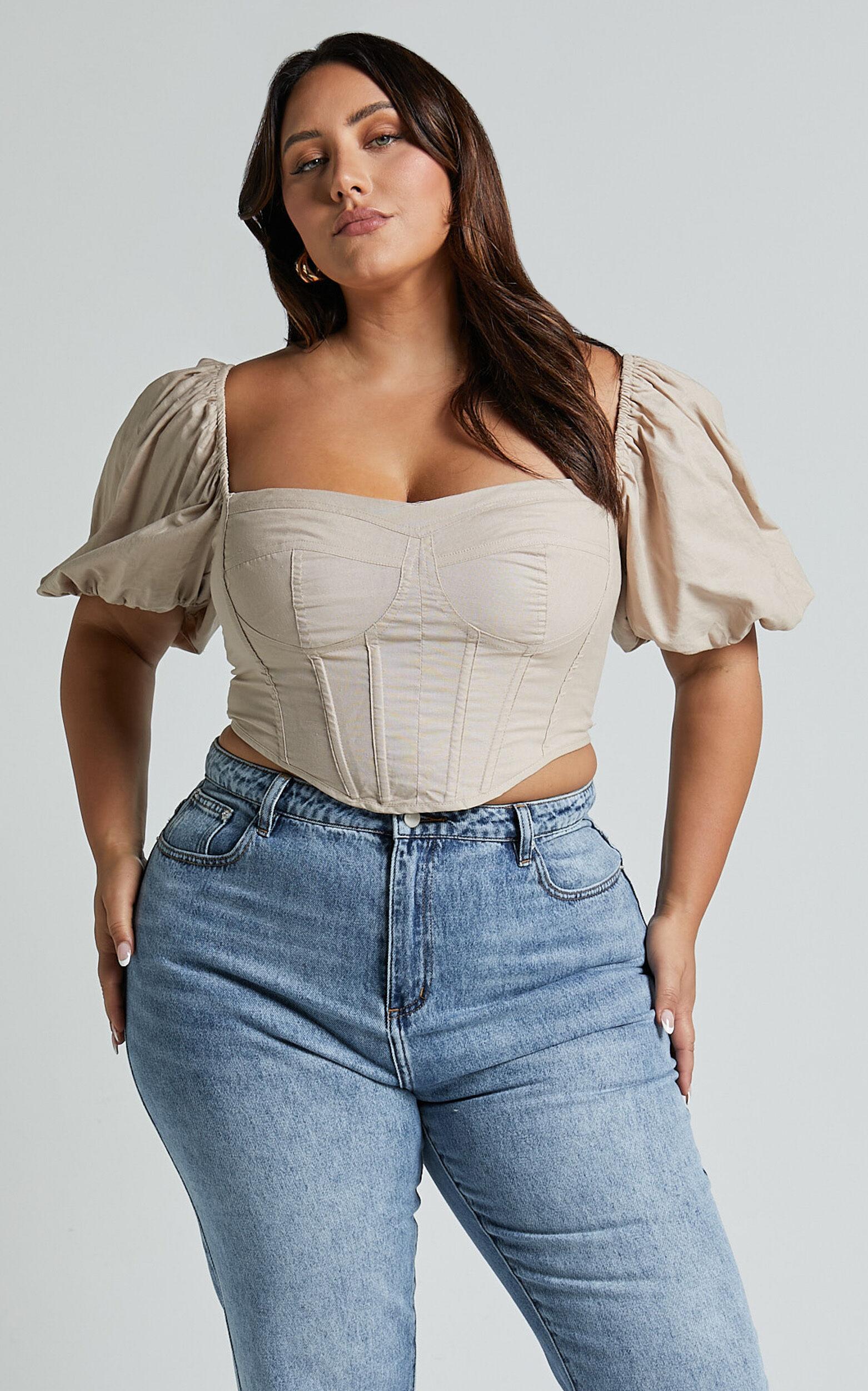 Estella Top - Puff Sleeve Corset Bustier Top in Sand Product Image