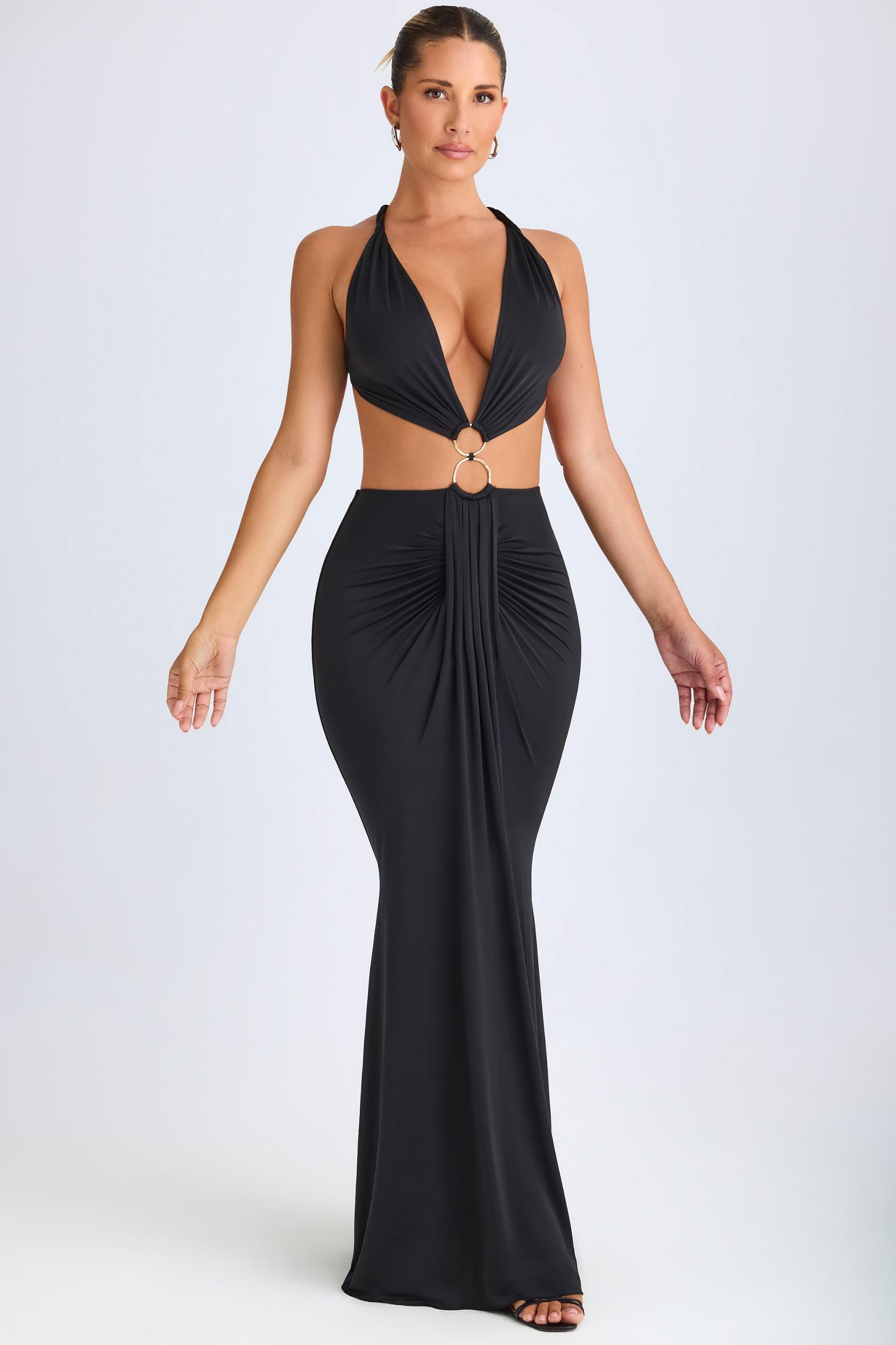 Hardware Detail Cut-Out Halterneck Maxi Dress in Black Product Image
