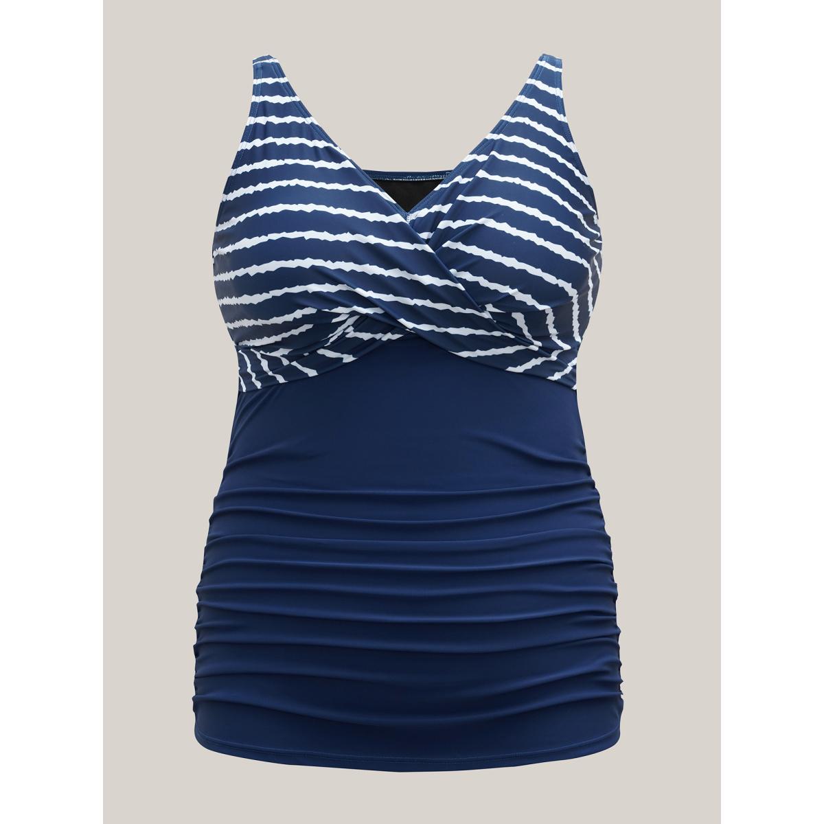 Plus Size Stripes Spliced Ruched Swim Top Women's Swimwear Indigo Beach Gathered High stretch Skinny Overlap Collar Curve Swim Tops BloomChic 28/5X Product Image