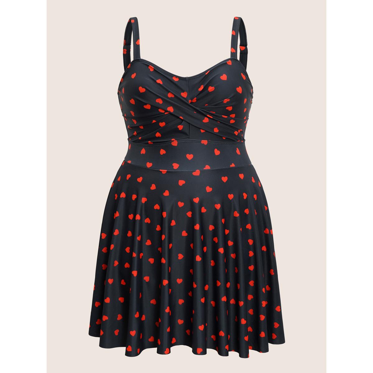 Plus Size Heart Print Crossover Adjustable Straps Swim Dress Women's Swimwear Black Beach Bodycon Heart neckline High stretch Curve Swim Dresses BloomChic 28/5X Product Image