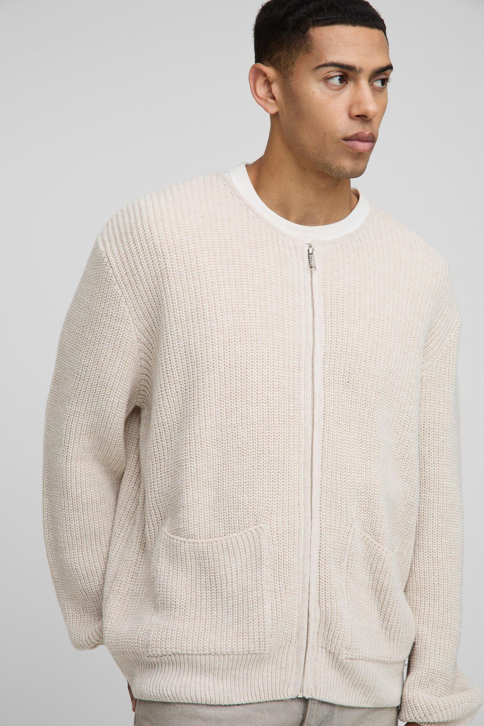 Regular Fit Ribbed Zip Through Collarless Knitted Cardigan | boohooMAN USA Product Image
