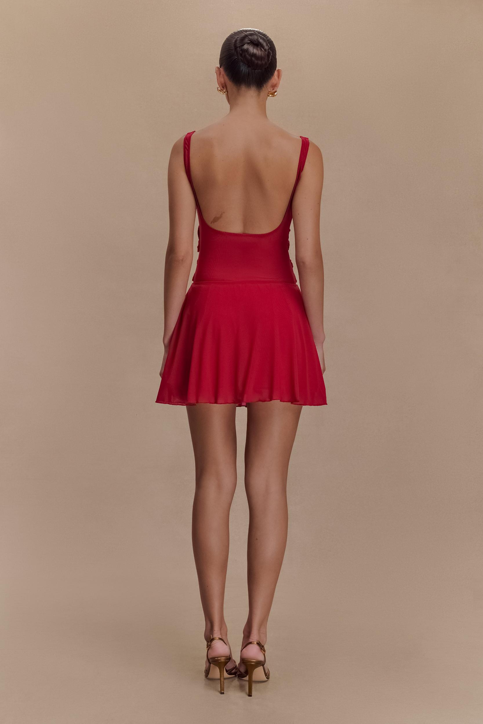 Melanie Mesh Mini Dress With Flowers - Ruby Product Image