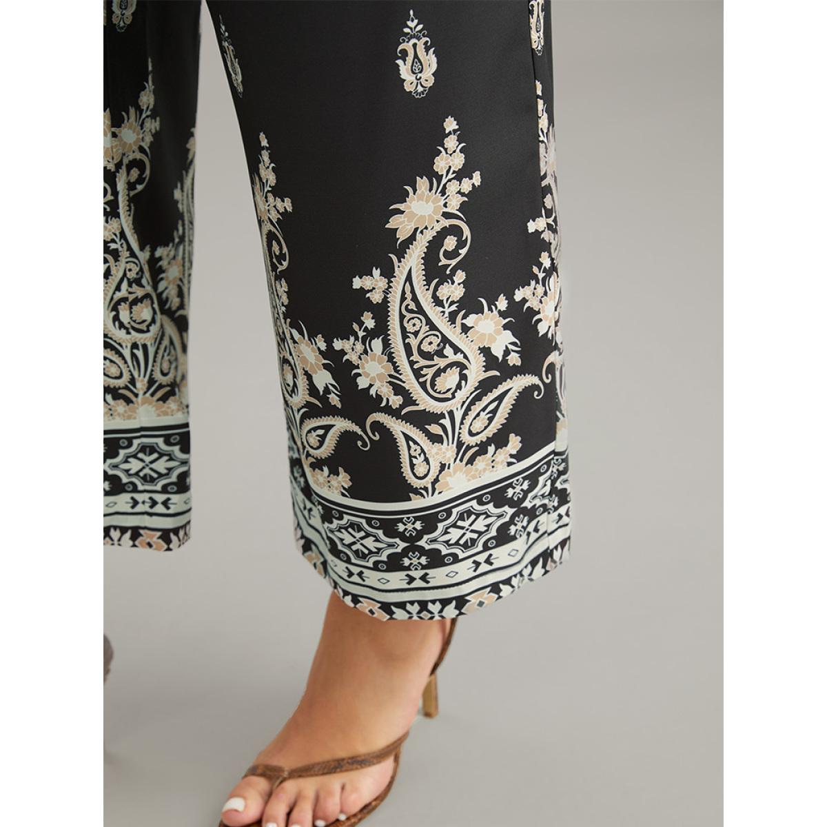Plus Size Paisley High Rise Elastic Waist Pants Women Black Resort Wide Leg High Rise Vacation Pants BloomChic 30/6X Product Image