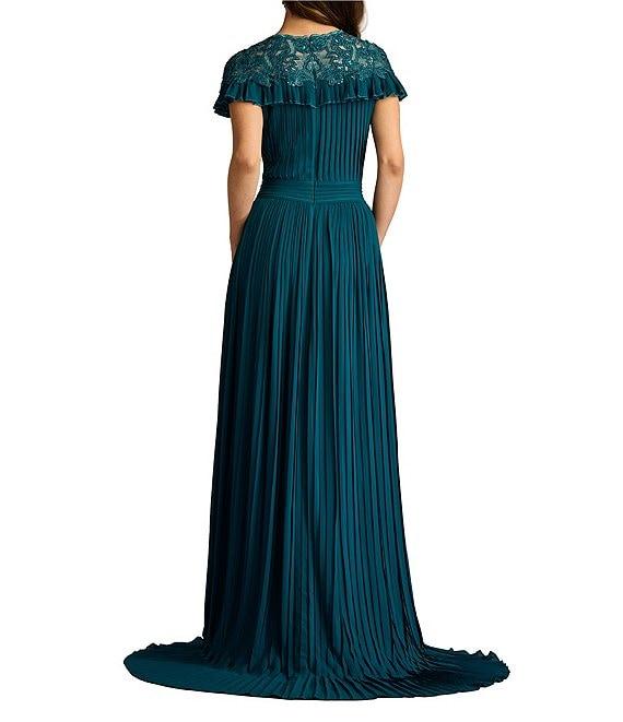 Tadashi Shoji Chiffon Lace Capelet Crew Neck Short Sleeve Pleated Gown Product Image