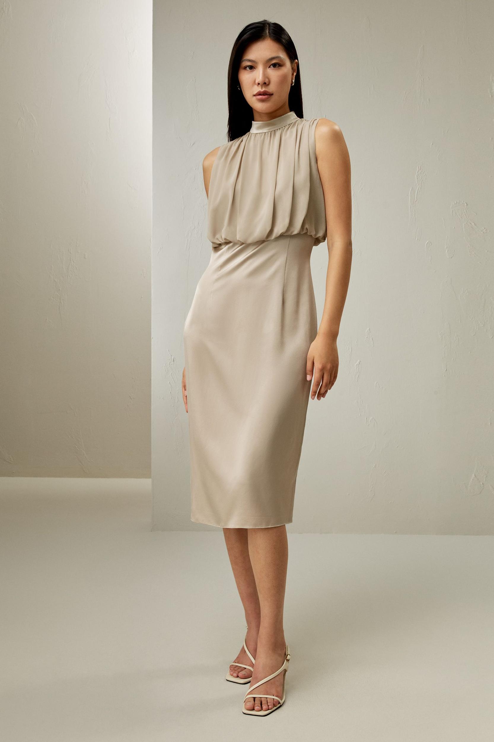Pleated Sleeveless Midi Silk Dress Product Image