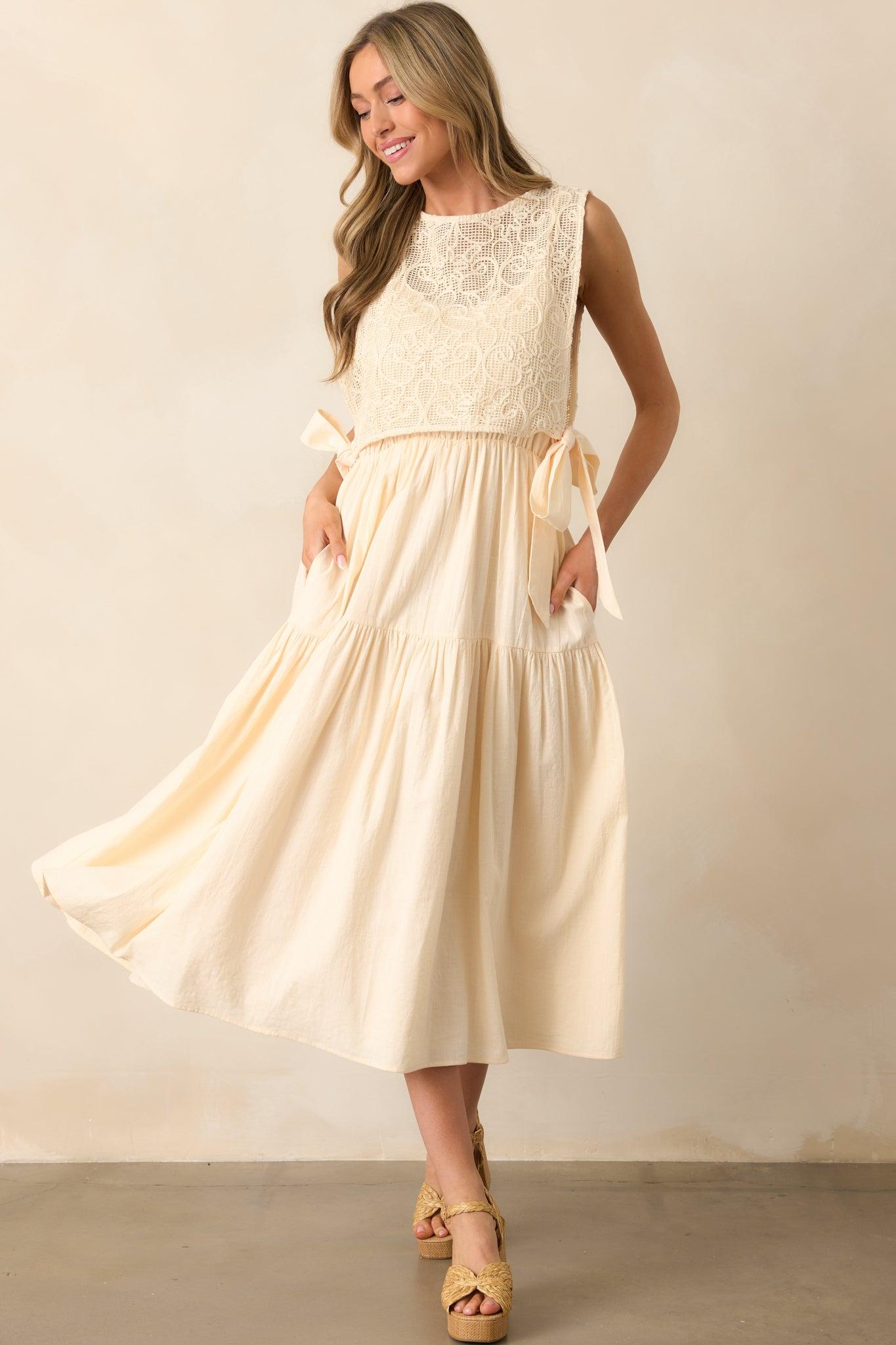 Everything & More Natural Cotton Crochet Bodice Midi Dress Product Image