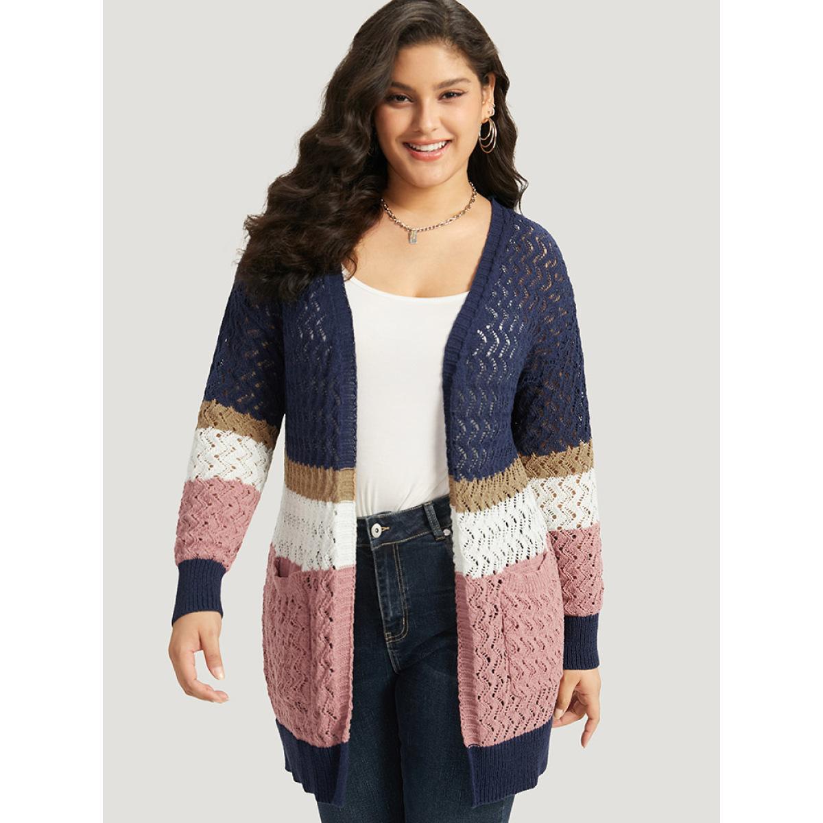 Plus Size Colorblock Eyelet Patched Pocket Cardigan Multicolor Women Casual Loose Long Sleeve Dailywear Cardigans BloomChic 26/4X Product Image
