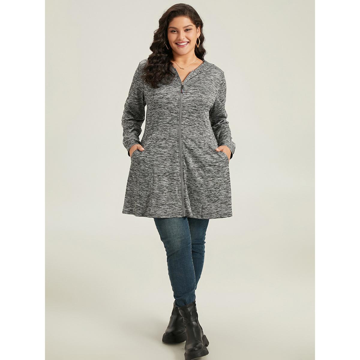 Plus Size Plain Heather Zipper Pocket Hooded Jacket Women DimGray Plain Pocket Dailywear Jackets BloomChic 10/M Product Image