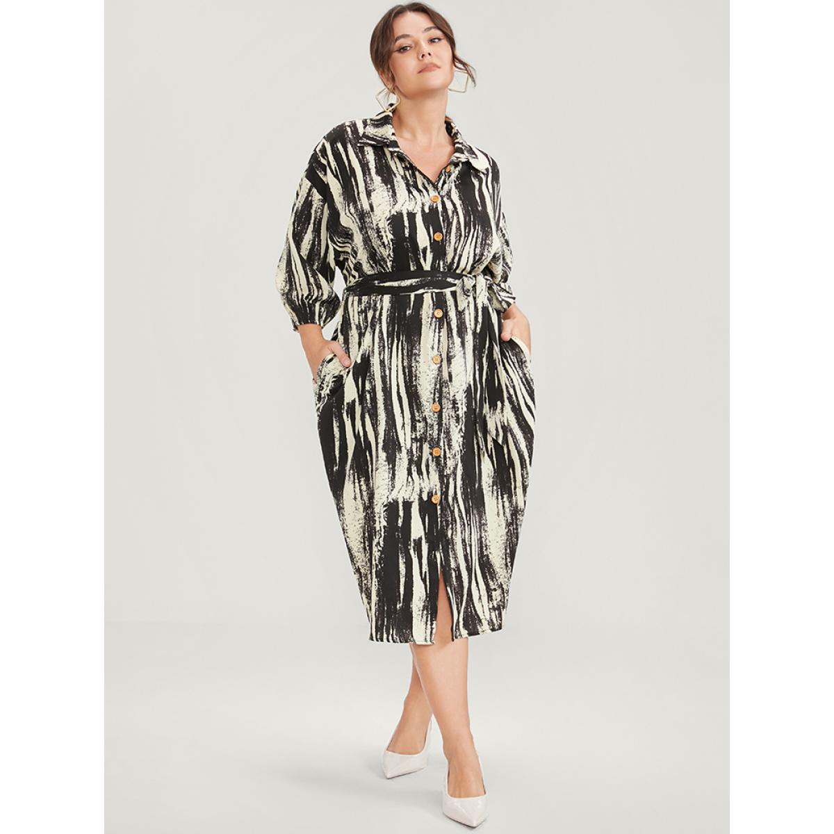 Plus Size Shirt Collar Pocket Belted Button Up Dress Black Women Office Belted Shirt collar Long Sleeve Curvy Midi Dress BloomChic 10/M Product Image