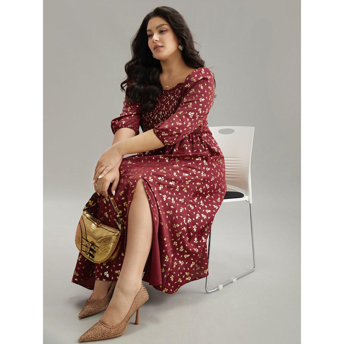 Plus Size Glitter Square Neck Shirred Split Front Frill Trim Dress Scarlet Women Party Elastic cuffs Square Neck Elbow-length sleeve Curvy Midi Dress BloomChic 14-16/1X Product Image