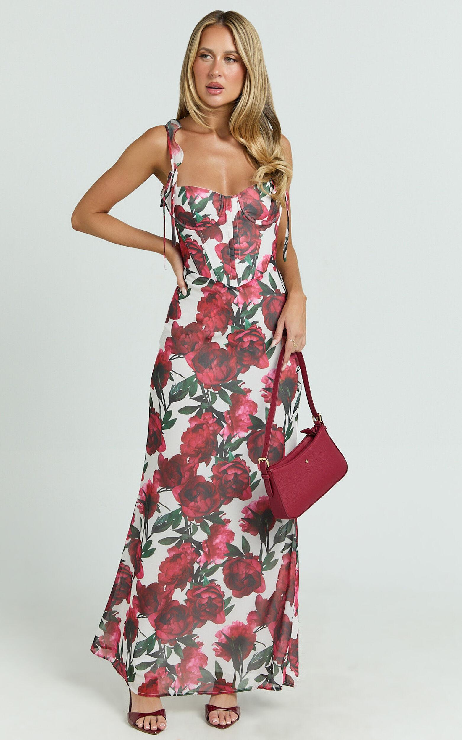 Mabel Maxi Dress - Georgette Frill Sleeve Sweetheart Bias Cut Dress in Rose Blanca Product Image