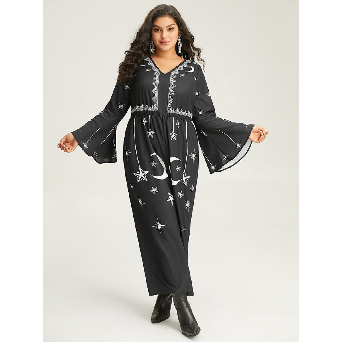 Plus Size Black Halloween Moon & Star Elastic Waist Bell Sleeve Jumpsuit Women Casual Long Sleeve V-neck Festival-Halloween Loose Jumpsuits BloomChic 18-20/2X Product Image