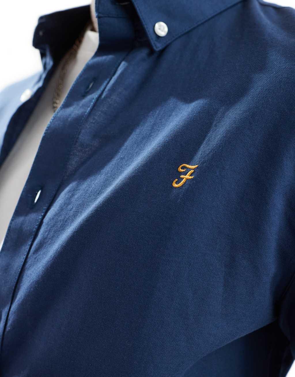 Farah Brewer slim fit long sleeve oxford shirt in blue  Product Image