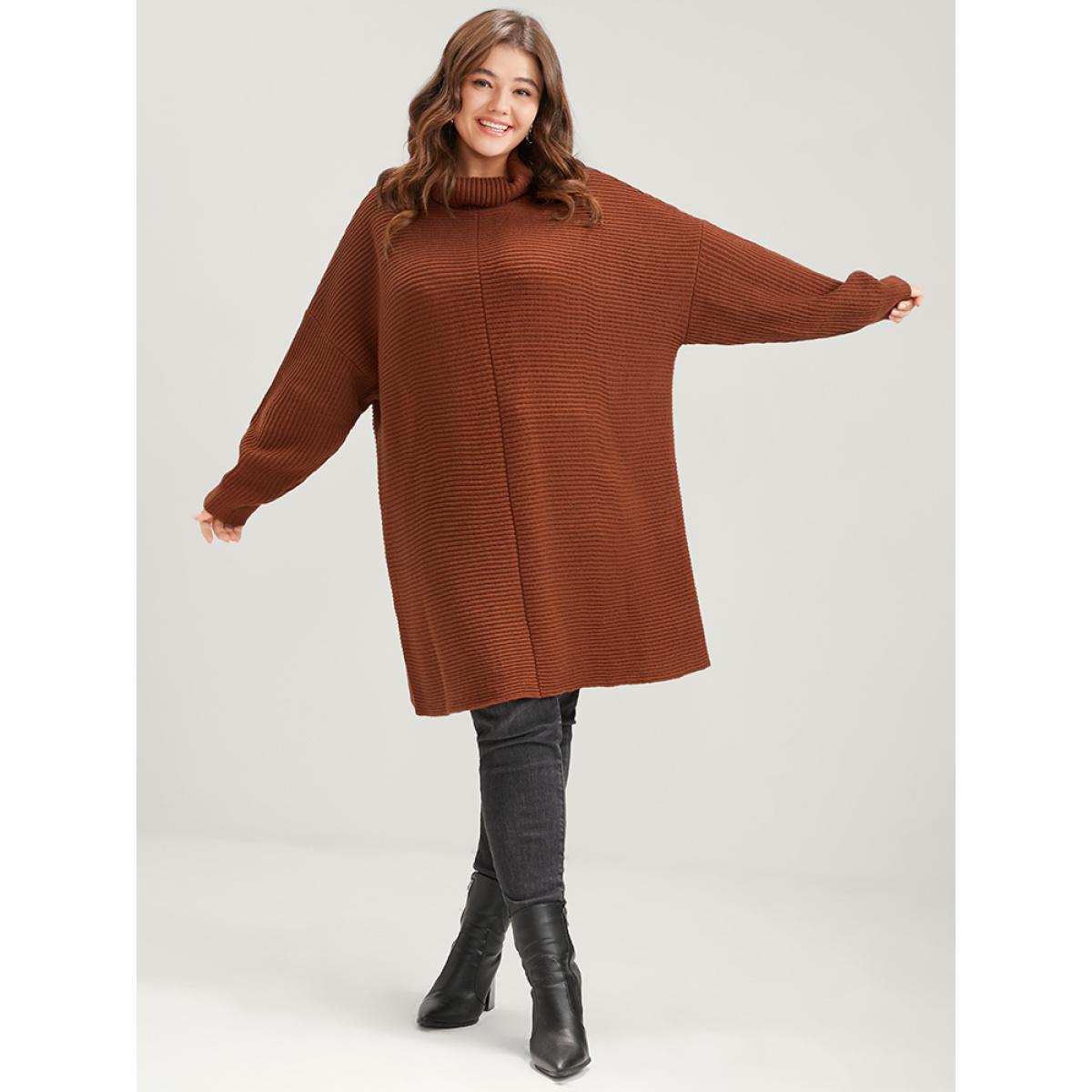 Plus Size Solid Pointelle Knit Dolman Sleeve Funnel Neck Knit Top Brown Women Elegant Oversized Long Sleeve Turtleneck Dailywear Pullovers BloomChic 10/M Product Image