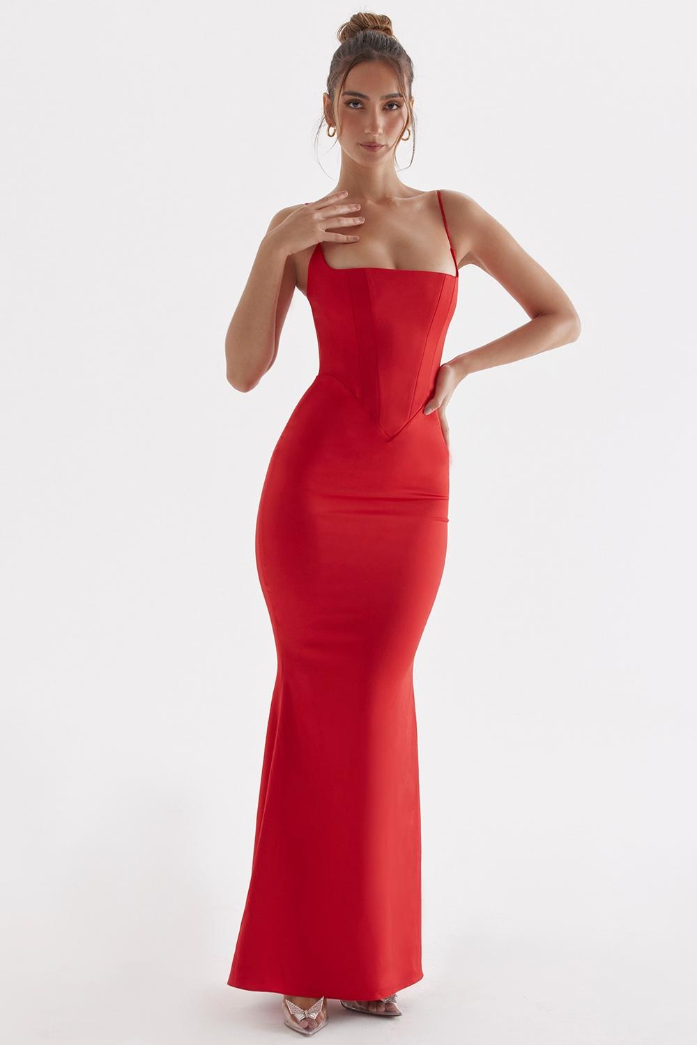 Olivette  red rose satin corset maxi dress - sale Product Image