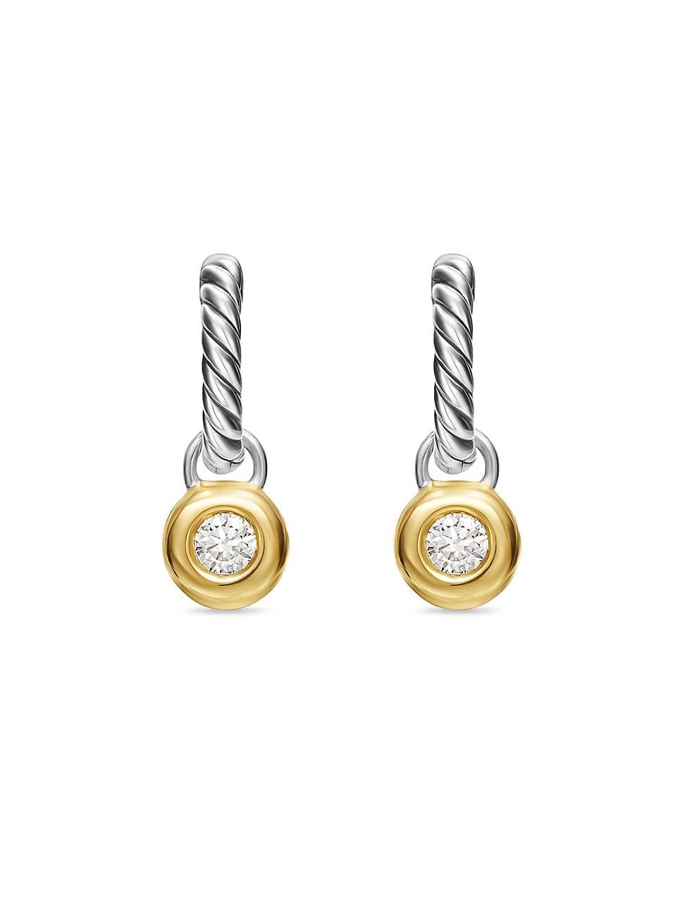 Womens Petite Cable Huggie Drop Earrings in Sterling Silver with 14K Yellow Gold and Diamonds, 17.5MM Product Image