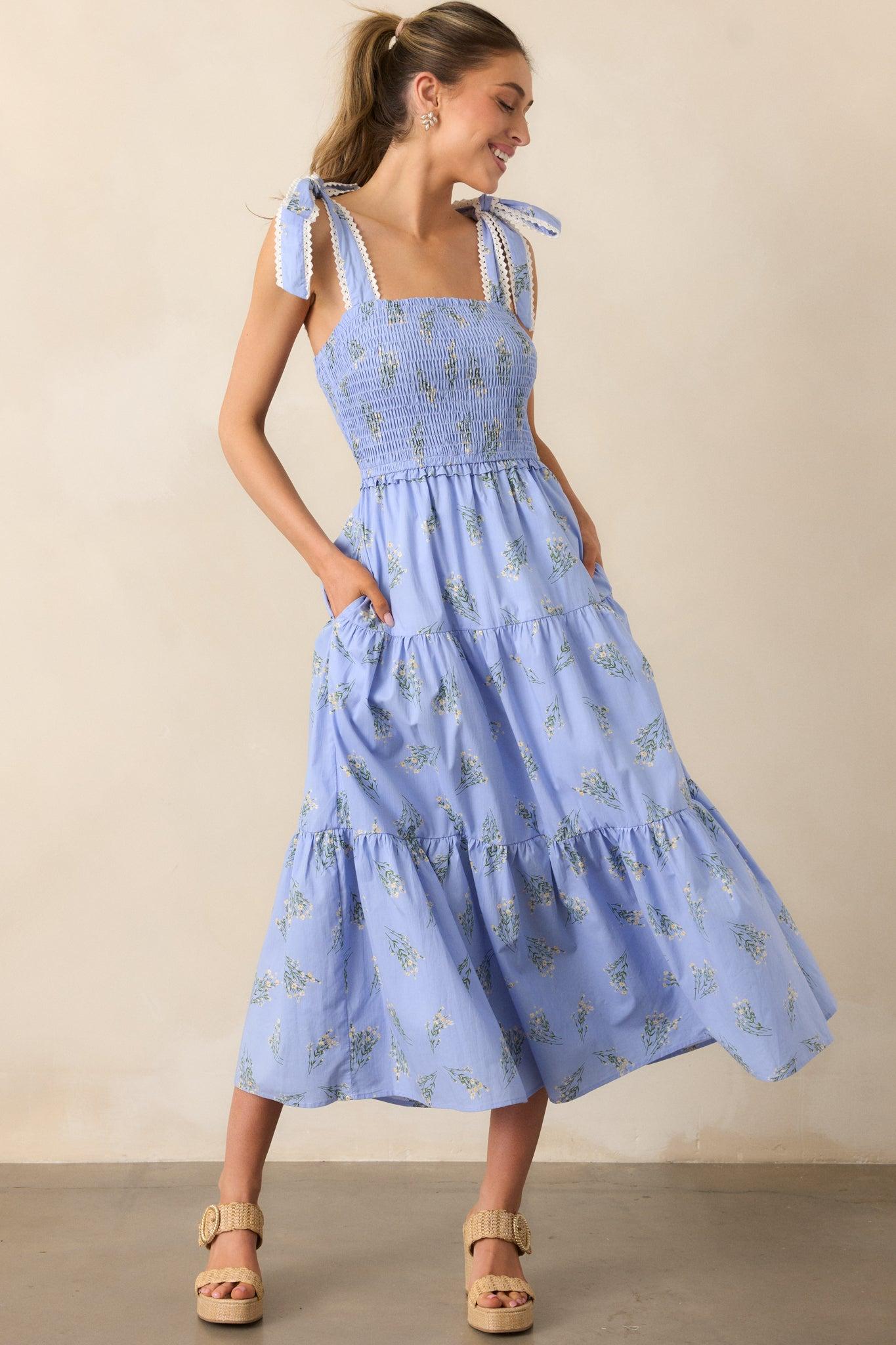 Take Me Away Cotton Periwinkle Floral Smocked Maxi Dress Product Image