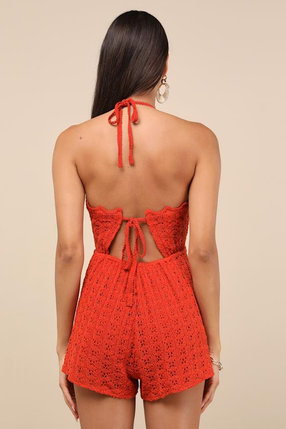 Tovia Red Orange Pointelle Knit Tie-Back Halter Romper Product Image
