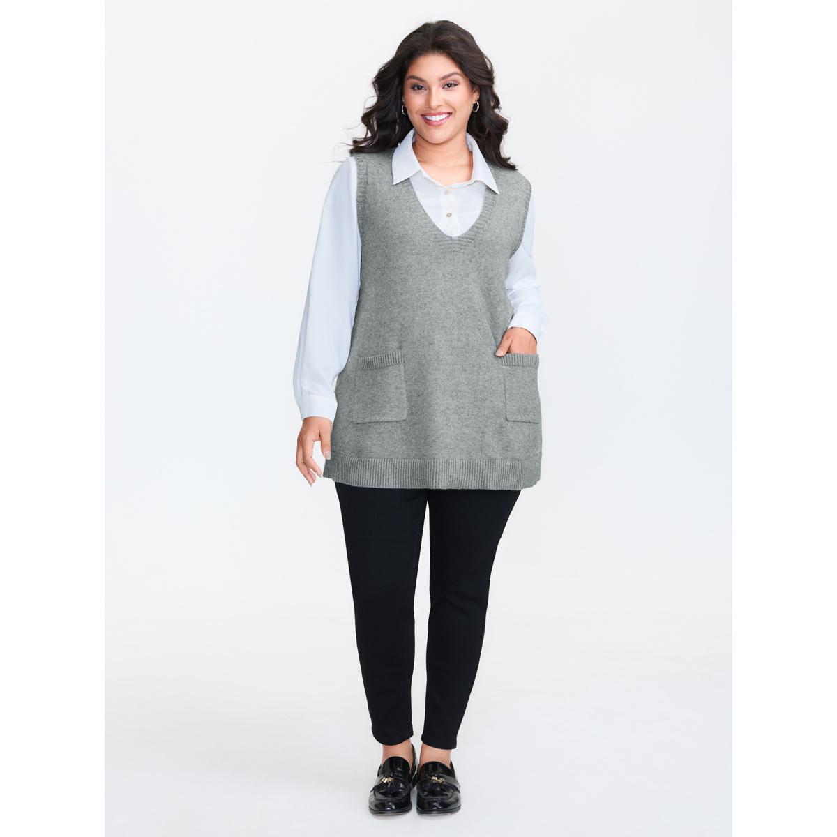 Plus Size A-Line Pockets V-Neck Pullover DarkGray Women Leisure Loose Sleeveless V-neck Casual Pullovers BloomChic 12/L Product Image