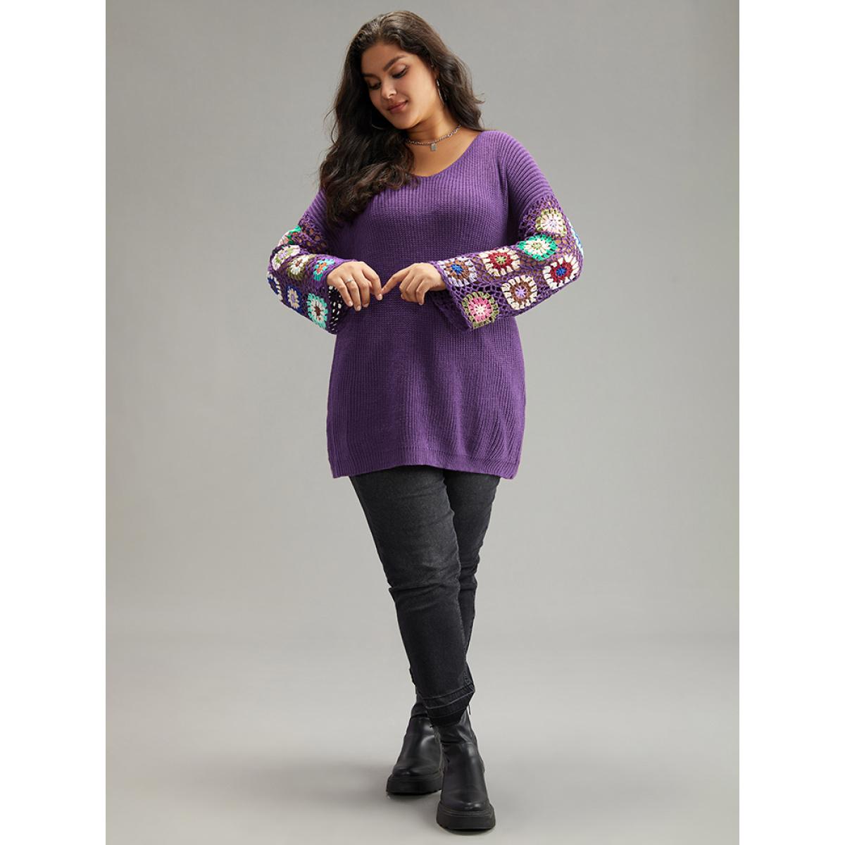 Plus Size Floral Embroidered Hollow Out Pullover Purple Women Leisure Long Sleeve V-neck Casual Pullovers BloomChic 22-24/3X Product Image