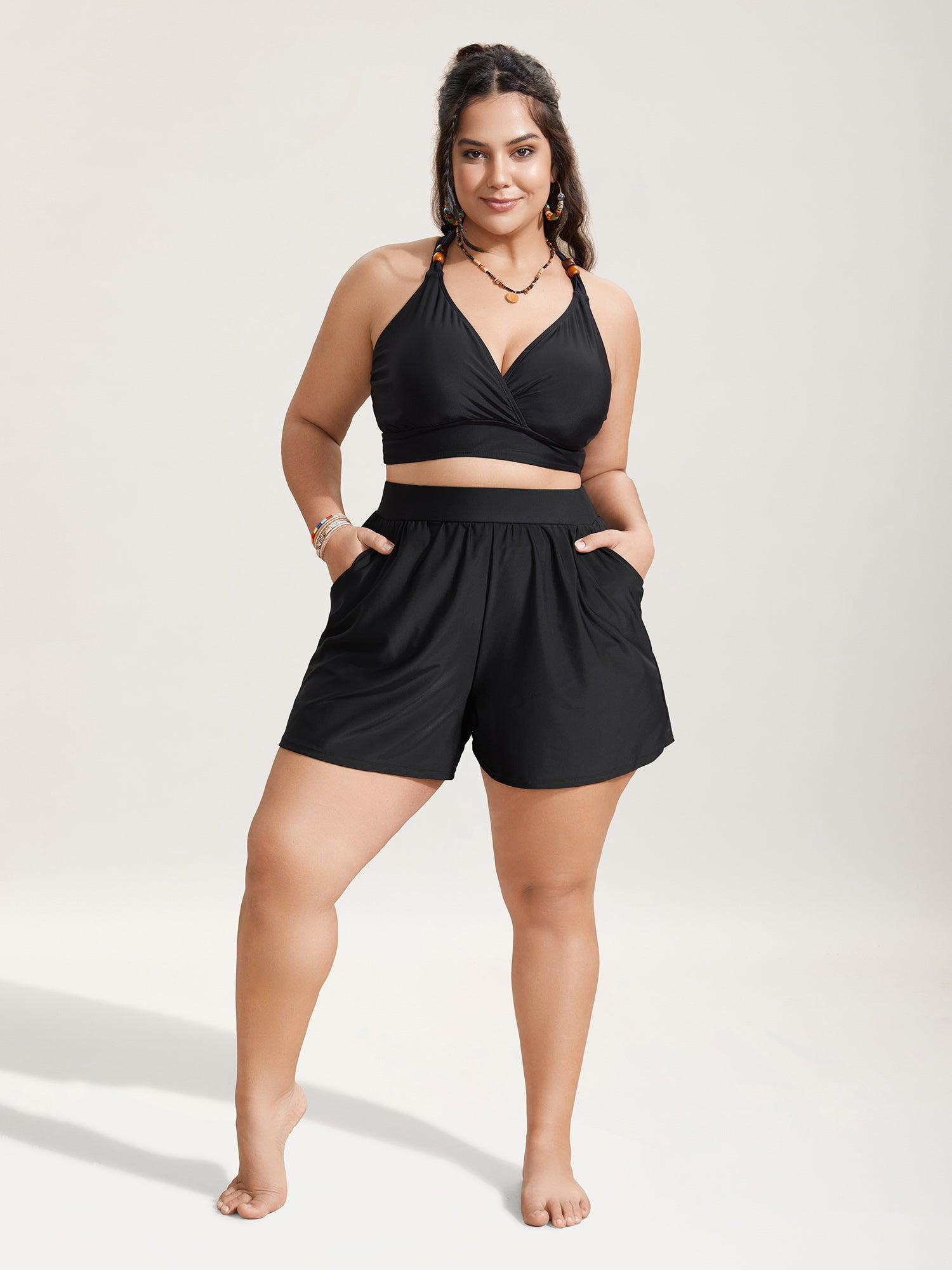 High Waisted Pockets Solid Pleated Swim Bottom Female Product Image