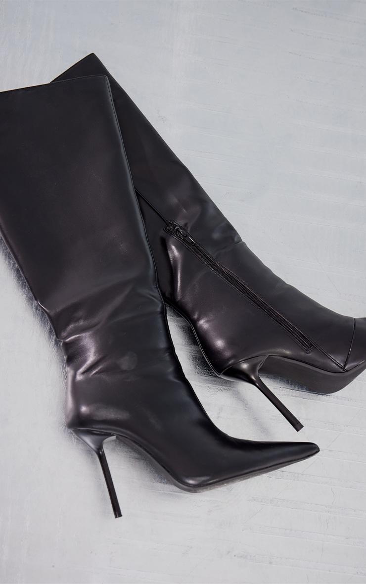 Black PU Point Toe Knee High Stiletto Heeled Boots Product Image