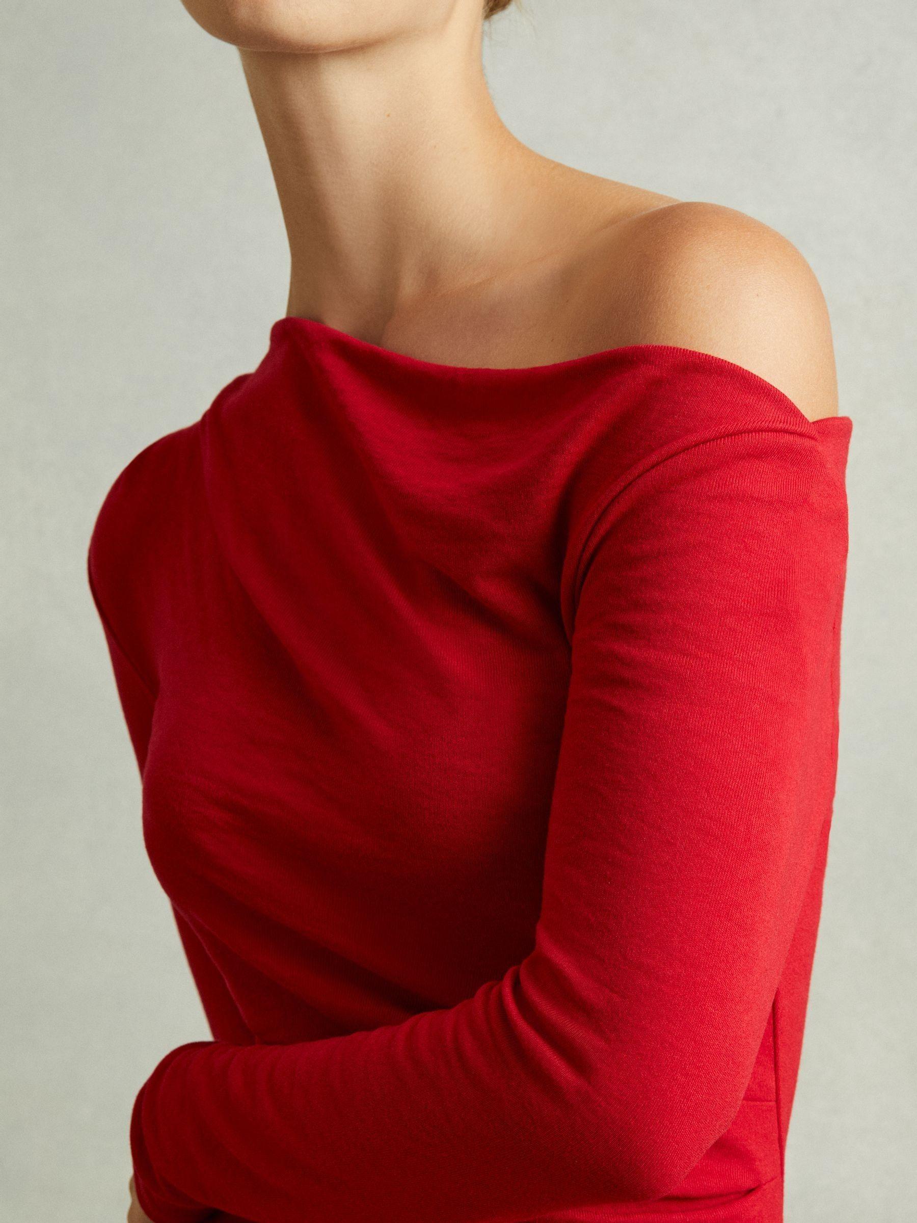 Off-The-Shoulder Jersey Midi Dress in Red Product Image
