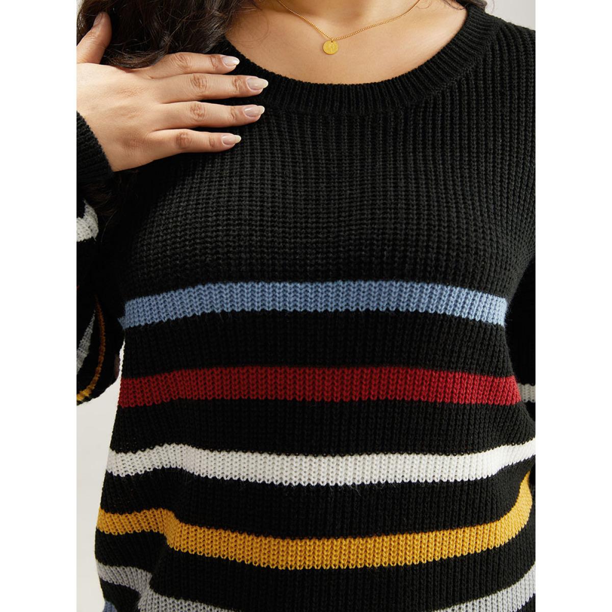 Plus Size Rainbow Striped Drop Shoulder Lantern Sleeve Pullover Multicolor Women Casual Loose Long Sleeve Round Neck Dailywear Pullovers BloomChic 28/5X Product Image