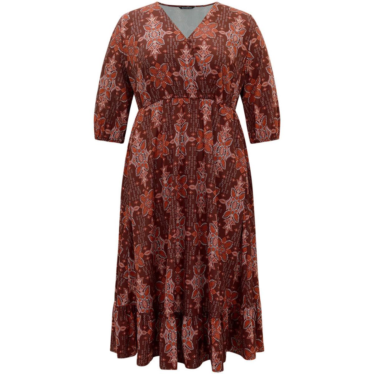 Plus Size Christmas Boho Print Wrap Ruffle Layered Hem Dress Raspberry Women Office Elastic cuffs Overlap Collar Elbow-length sleeve Curvy Midi Dress BloomChic 12/L Product Image