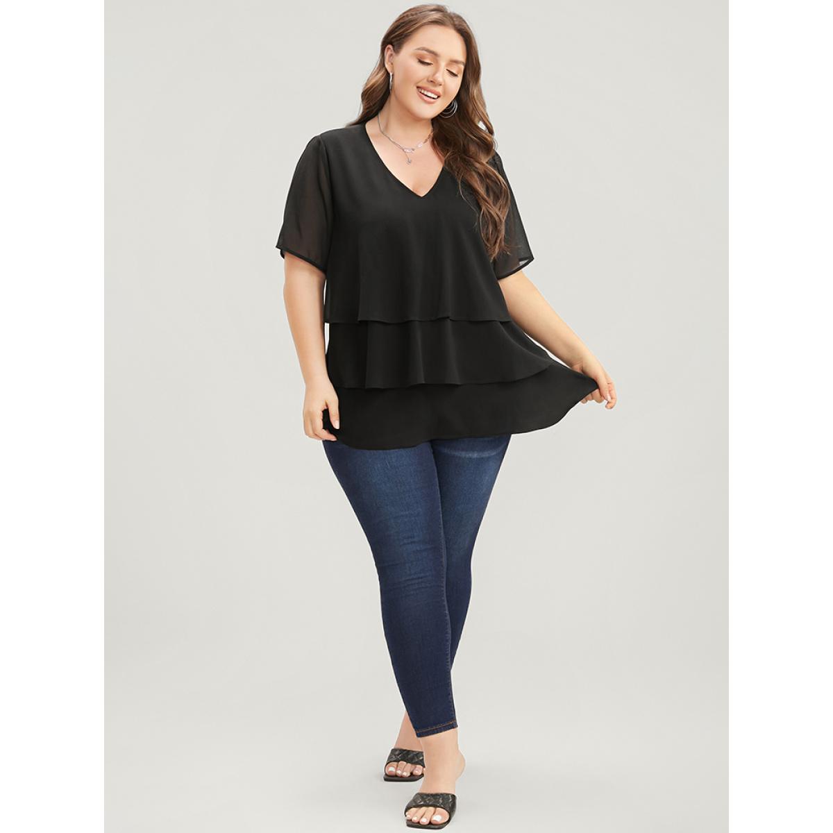 Plus Size Black Plain V Neck Mesh Ruffle Tiered Blouse Women Casual Short sleeve V-neck Dailywear Blouses BloomChic 10/M Product Image