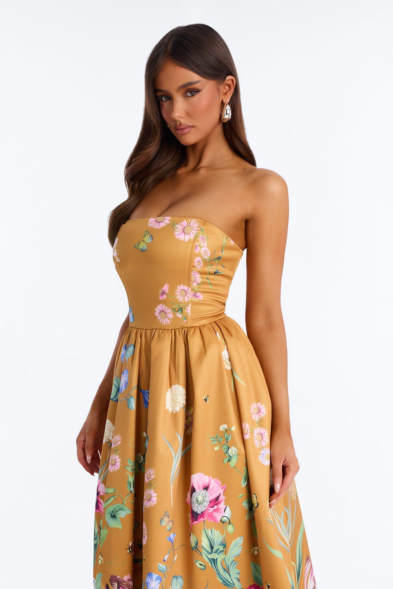 See Me Blossom Floral Midi Dress - Gold/combo Female Product Image