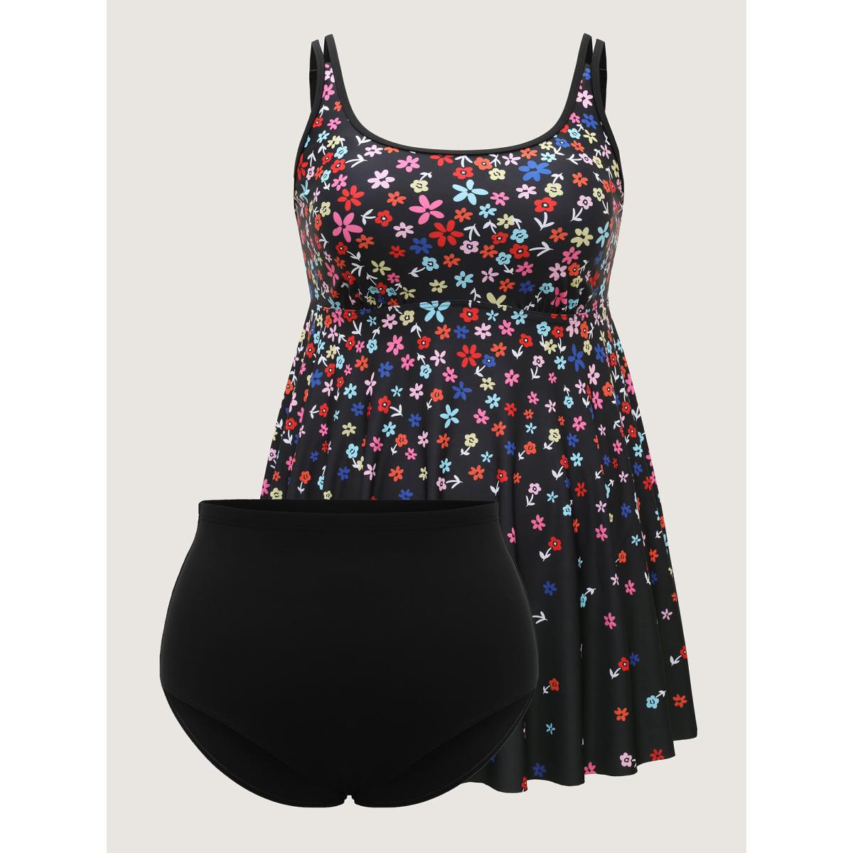 Plus Size Florals Everywhere Fit and Flare Swim Dress Women's Swimwear Black Resort Bodycon U-neck High stretch Curve Swim Dresses BloomChic 30/6X Product Image